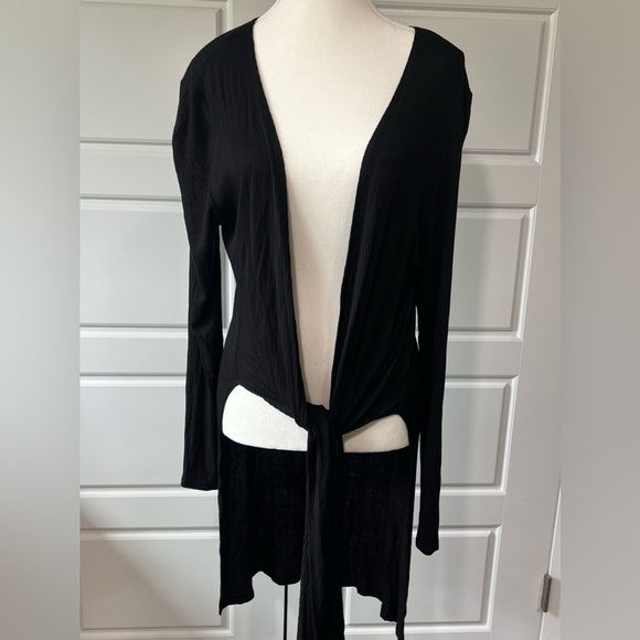 Long Sleeve Black Duster Cardigan Tie Front Knit Lightweight Layering Piece LG - Picture 2 of 8